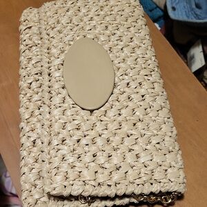 Rodo Beige Woven Clutch with Gold Chain
